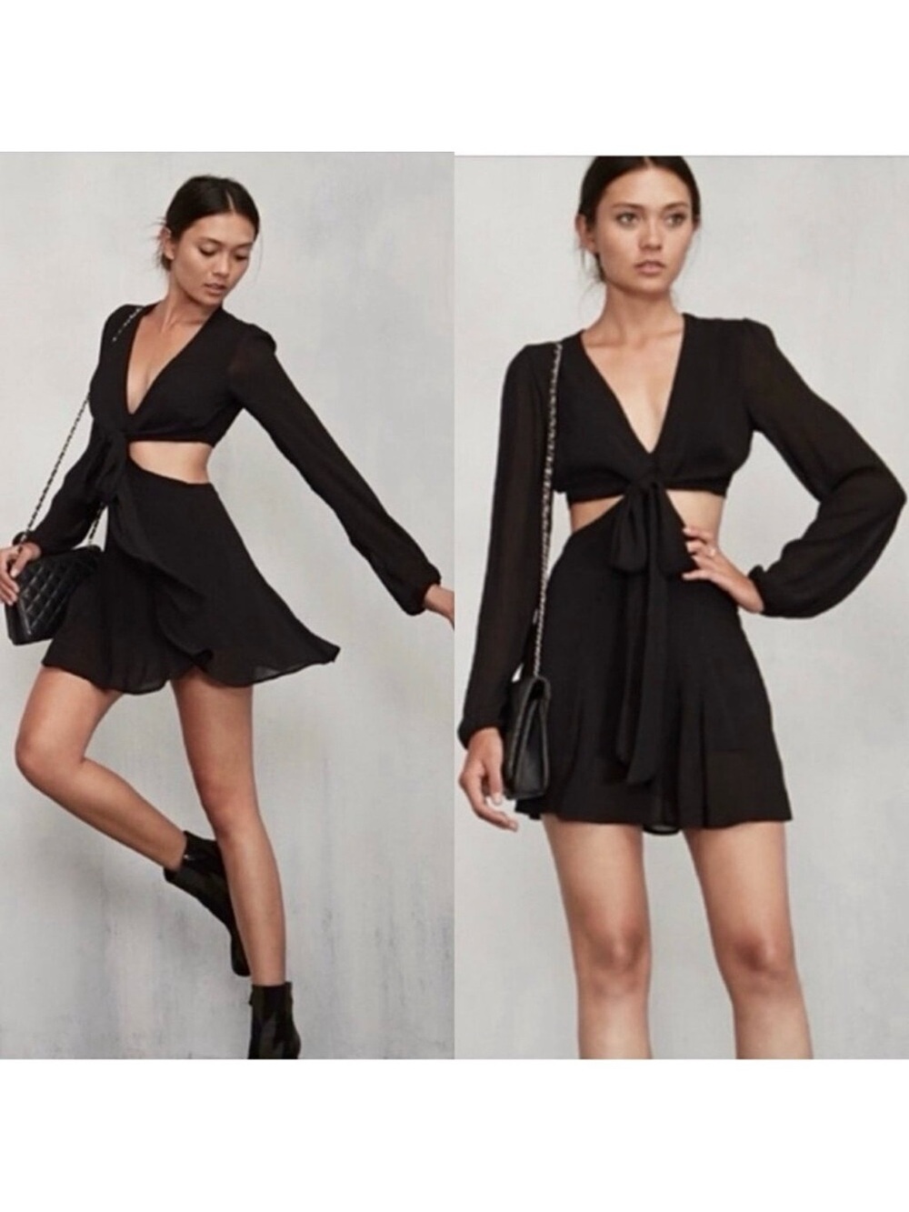 REFORMATION Robinson Dress Sz 0 Long Sleeve Tie Front Black Cut Out Coquette LBD